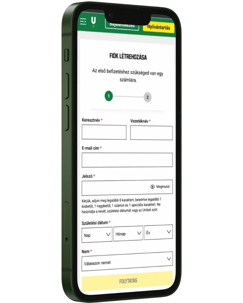 Unibet mobile app felhasználói felület