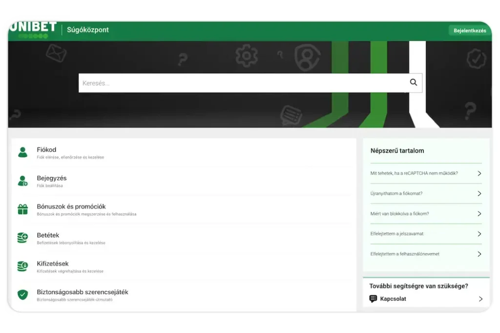 UniBet Kaszinó Ügyfélszolgálat weboldal