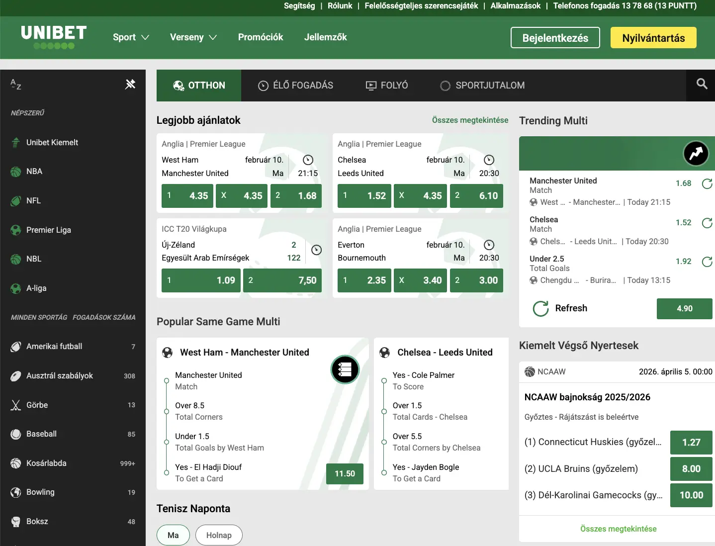 Sport rovat főképernyő