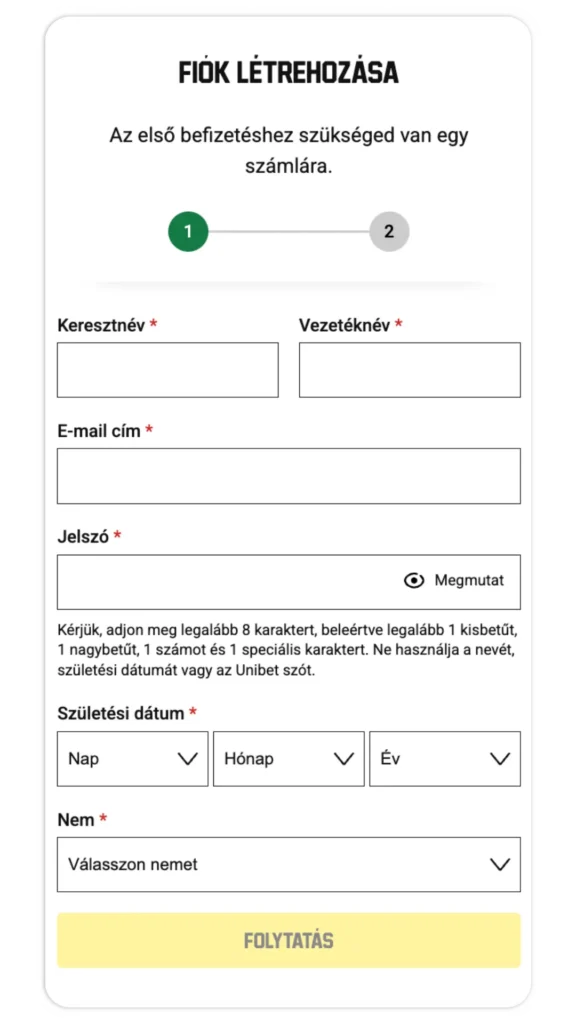 Unibet online: Regisztrációs folyamat